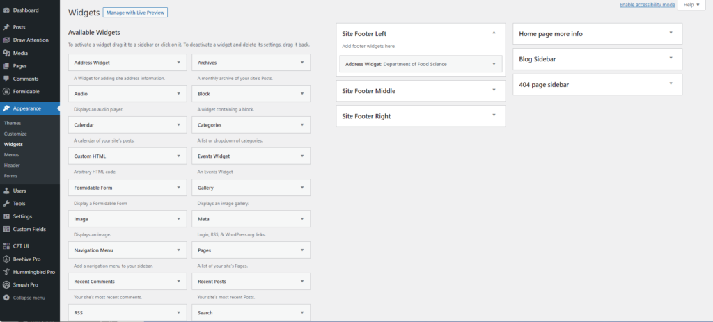 Widgets page on WordPress with options to chose to set up Widgets