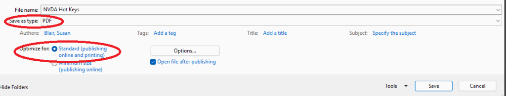 Screenshot of saving PDF file as standard