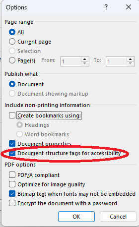 Screenshot of location of document structure tags for accessibility