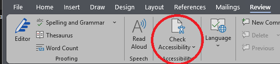 Screenshot of Microsoft ribbon with Check Accessibility circled