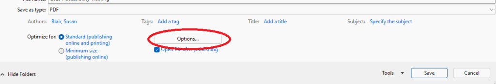 Screenshot of options button when saving as PDF