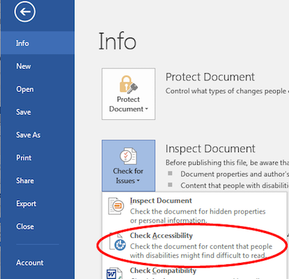 Screenshot of checking for accessibility in Office 2016