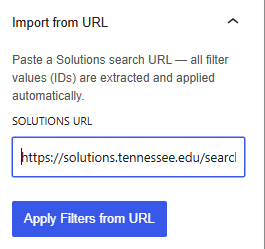 Screenshot of portion of block editor showing importing URL to set filters for the UTIA Resource - Multi Block