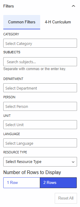 Screenshot of portion of block editor showing selecting filters for the UTIA Resource - Multi Block