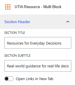 Screenshot of portion of block editor showing editing of title and subtitle for the UTIA Resource - Multi Block