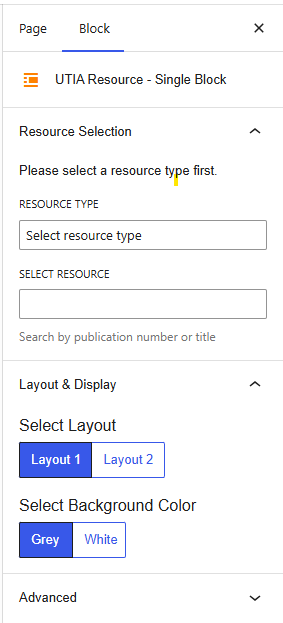 Screenshot of portion of block editor showing selecting resource type, specific resource, and settings for layout and display for the UTIA Resource - Multi Block