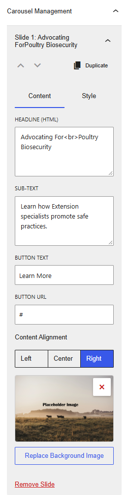 Screenshot of the Content Tab of the UTIA Hero Carousel block