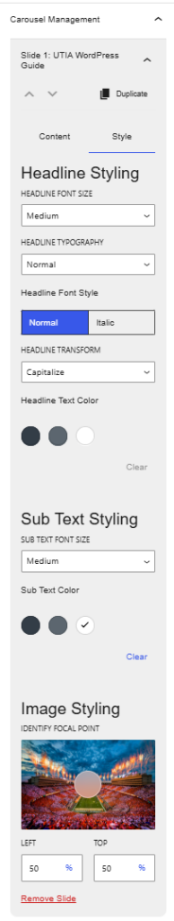Screenshot of the Style tab of the UTIA Hero Carousel block